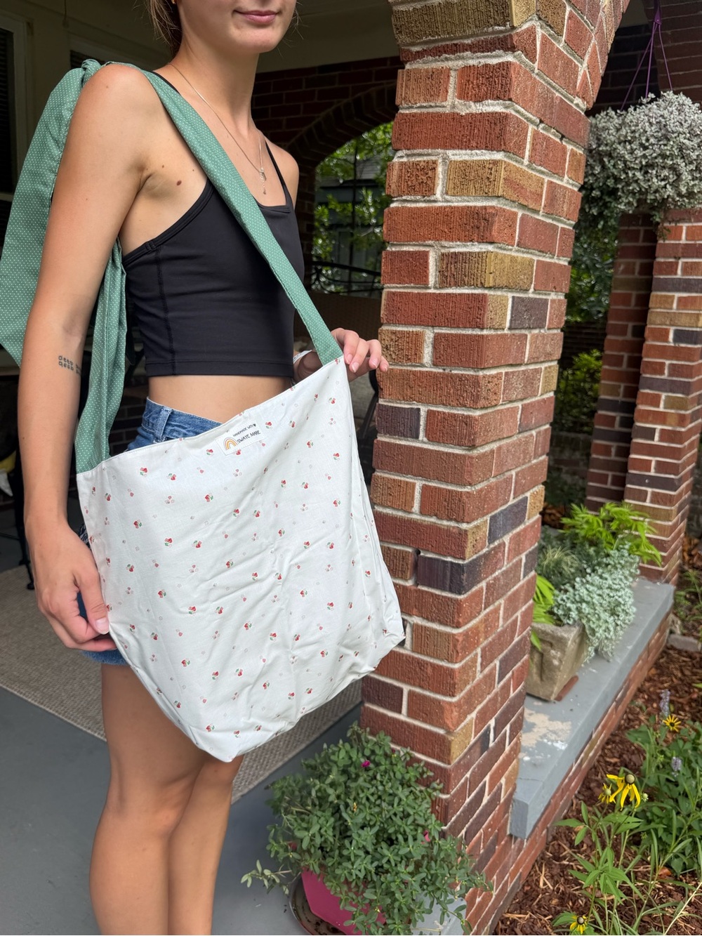 Light Floral Canvas Shoulder Bag with Green Strap